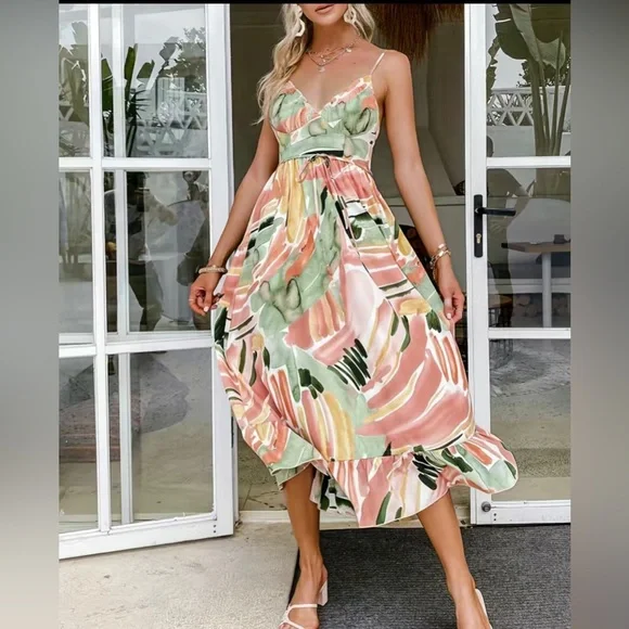 Watercolor Spaghetti Strap Summer Midi Dress Sz M Valentines Date Night Gift - Picture 1 of 12